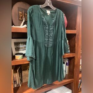 Knox Rose Green V-Neck Embroidered Dress Tunic Bell Sleeves Size Small
